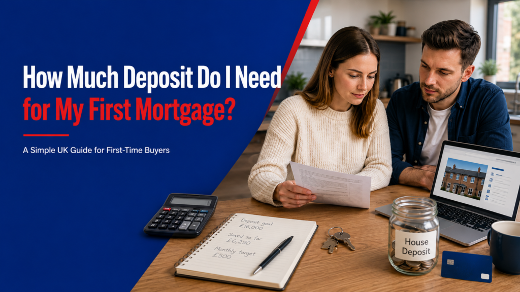 First-time buyer reviewing mortgage deposit paperwork and savings plan for a first mortgage in the UK.