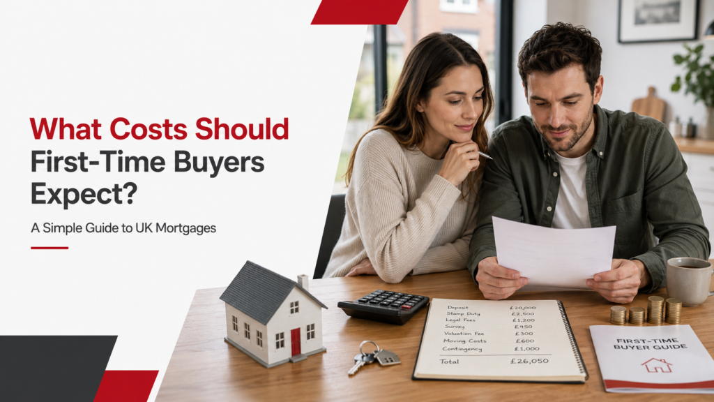 Young first-time buyers reviewing mortgage costs with paperwork, calculator, house keys and a model home for a UK mortgage guide.