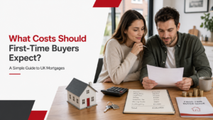 Young first-time buyers reviewing mortgage costs with paperwork, calculator, house keys and a model home for a UK mortgage guide.