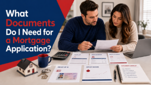 Couple reviewing documents needed for a UK mortgage application.