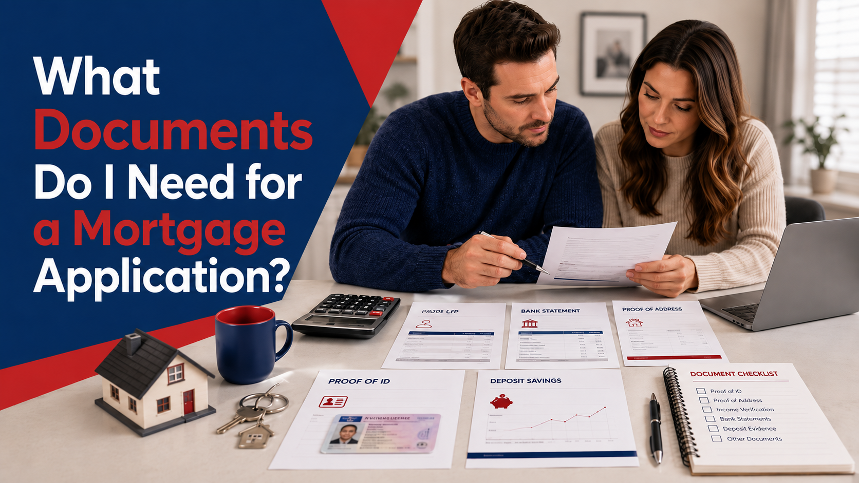 Couple reviewing documents needed for a UK mortgage application.