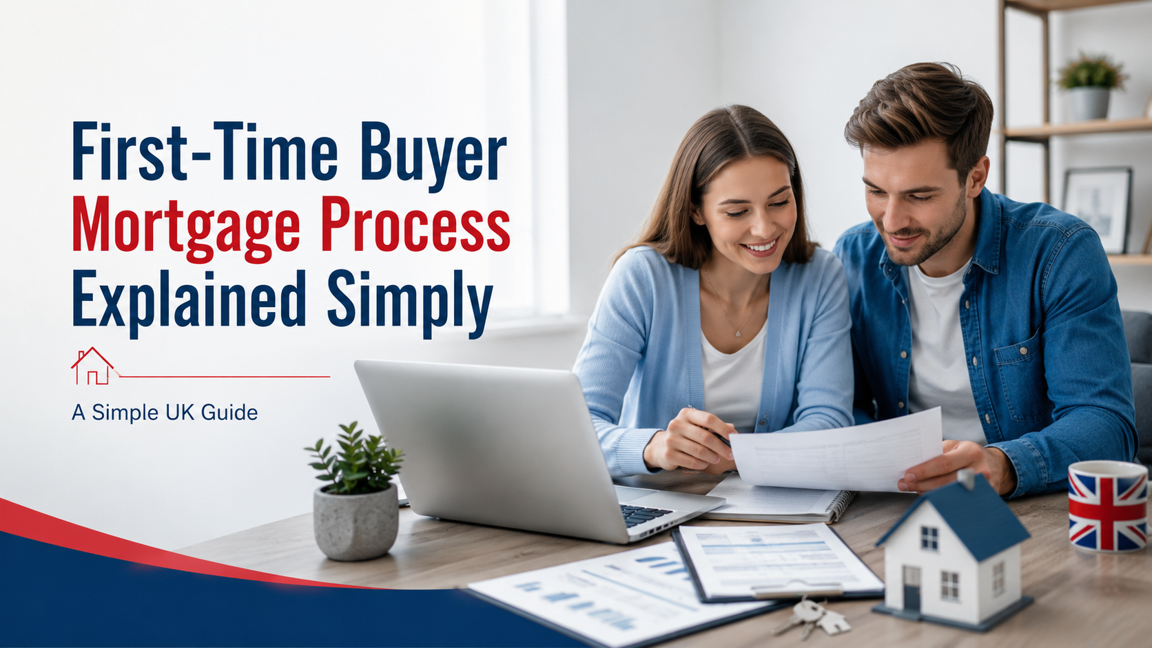 First-time buyer couple reviewing mortgage documents with laptop, house model, and keys, explaining the UK mortgage process simply.