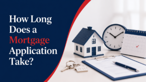 Mortgage application timeline concept with house model, clock, calendar, keys and documents in navy blue and red theme.