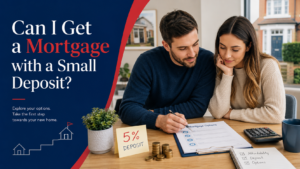 Young couple reviewing mortgage paperwork at home with a 5% deposit note, illustrating options for getting a mortgage with a small deposit in the UK.