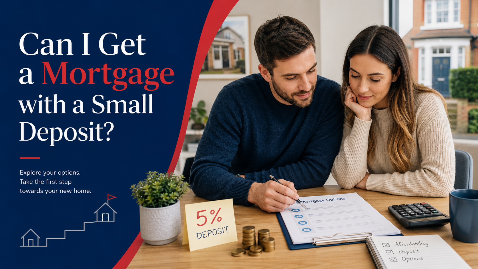 Young couple reviewing mortgage paperwork at home with a 5% deposit note, illustrating options for getting a mortgage with a small deposit in the UK.